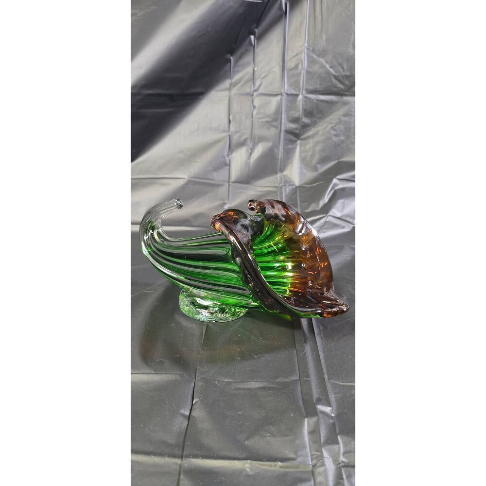 Hand-Blown Art Glass Cornucopia Vase – Green & Amber Swirl